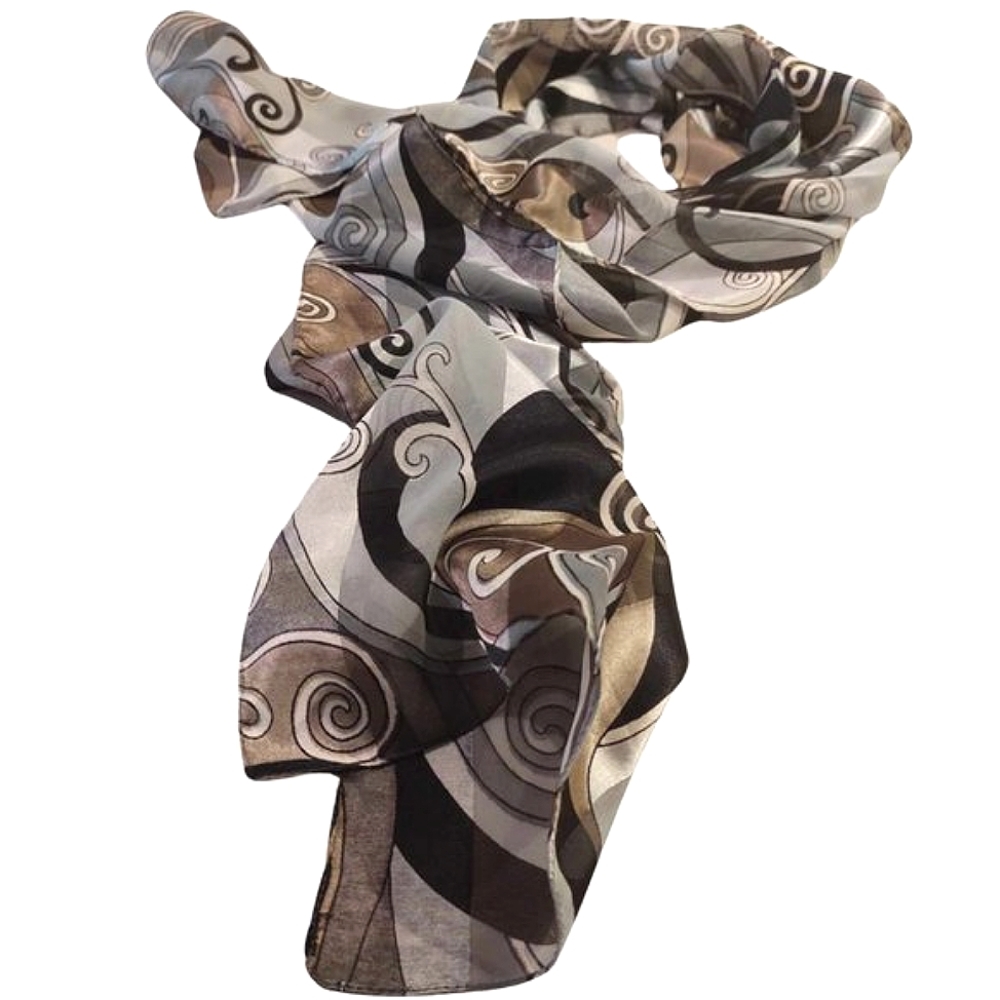 ALFRED SUNG | 100% Silk Oblong Scarf Gray, Taupe Black Modern Abstract Design